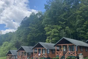 Camp Connect USA - Rustic wooden cabin surrounded by tall green trees under a partly cloudy sky.